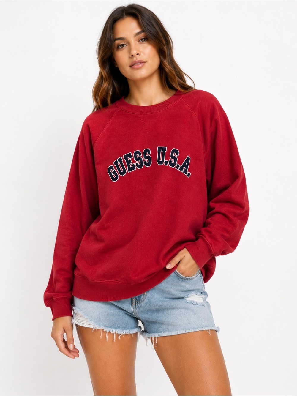Vintage GUESS USA Red Crewneck Sweatshirt Embroidered Logo Pullover Medium